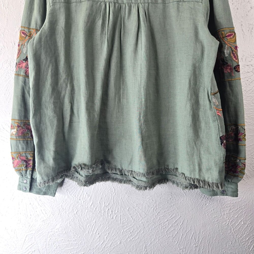 Sundance Boho Blouse Medium Dark Green Linen Floral Bird Embroidered Peasant Top - Picture 10 of 12